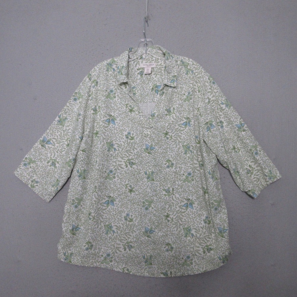 Laura Ashley Blouse Womens 1X Green Floral Linen‎ Blend V-Neck 3/4 Sleeve Top